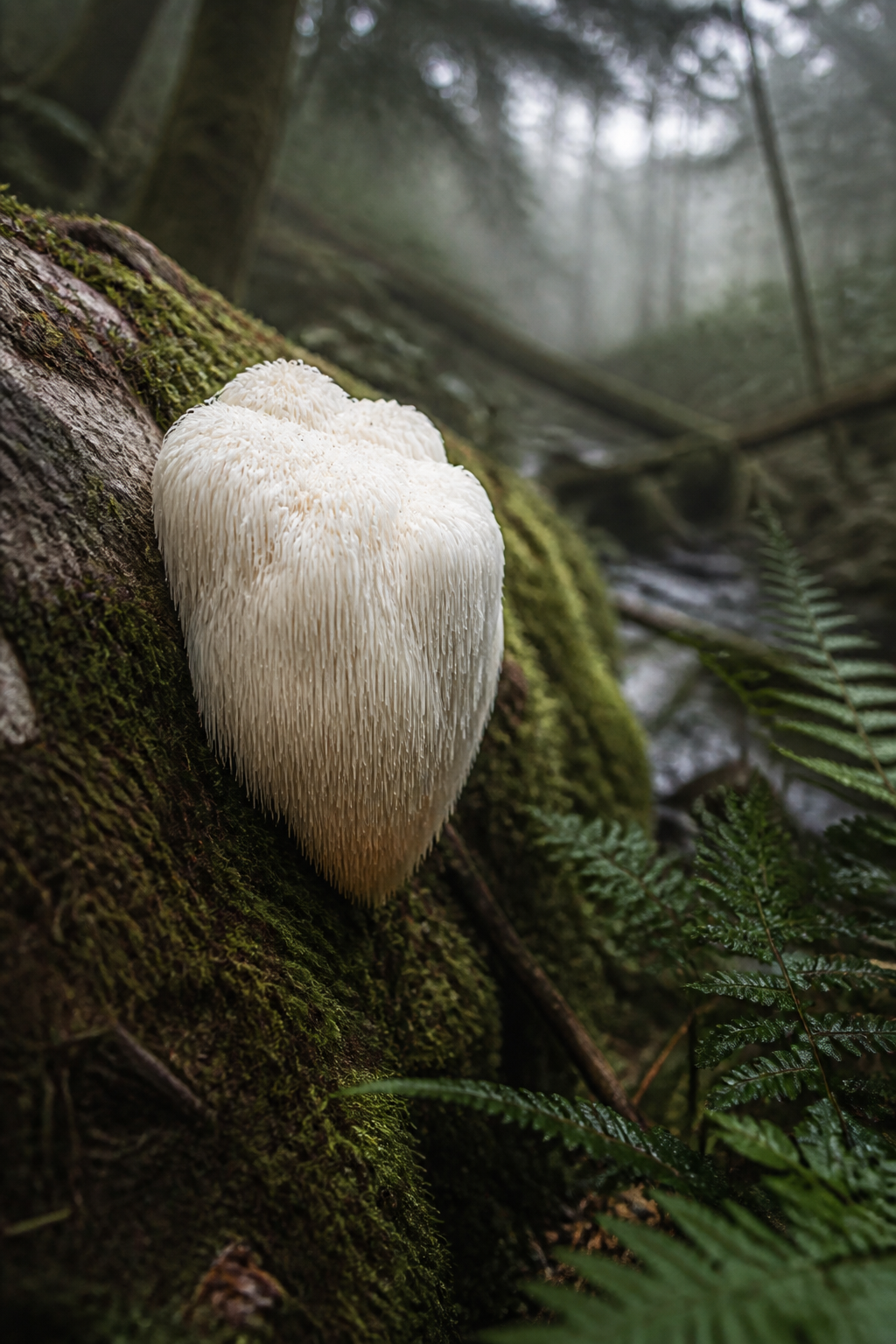 Lion’s Mane mushroom growing on a moss-covered tree